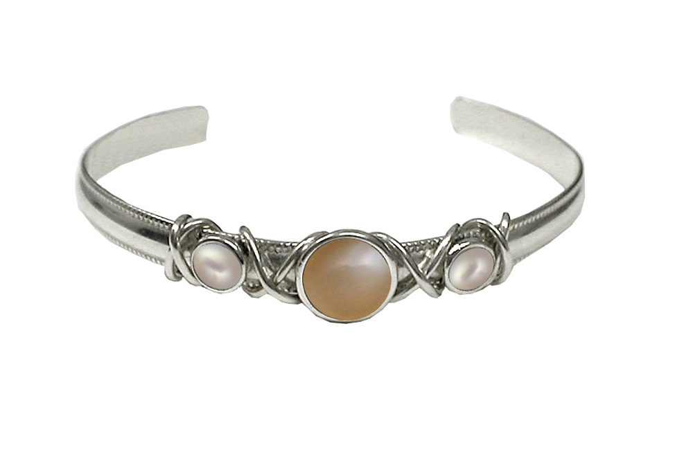 Sterling Silver Hand Made Cuff Bracelet With Peach Moonstone And Cultured Freshwater Pearl